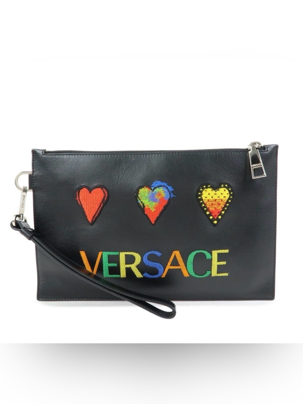 Versace Small Leather Embroidered Heart Patch Logo Pouch Wristlet | Black Multi